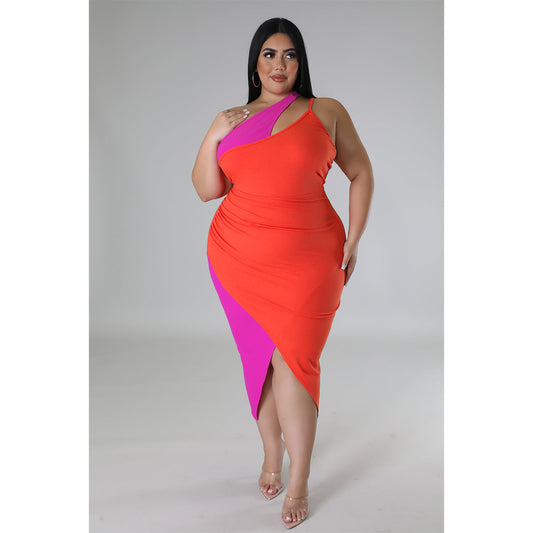 Plus Size Women Sunken Stripe Contrast Color Split Shoulder Zipper Dress