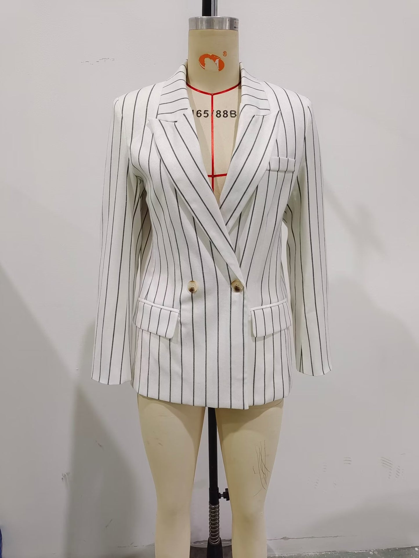 Suits: Women High Waist Ptripe Work Pant Double Breasted Blazer