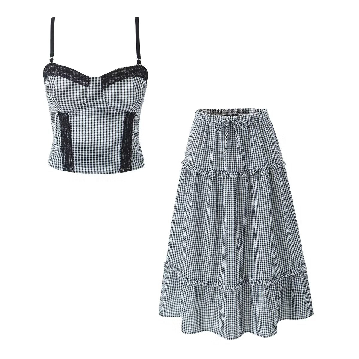 2 Piece: Plaid Pullover Lace Strap Top Drawstring A line Skirt Set
