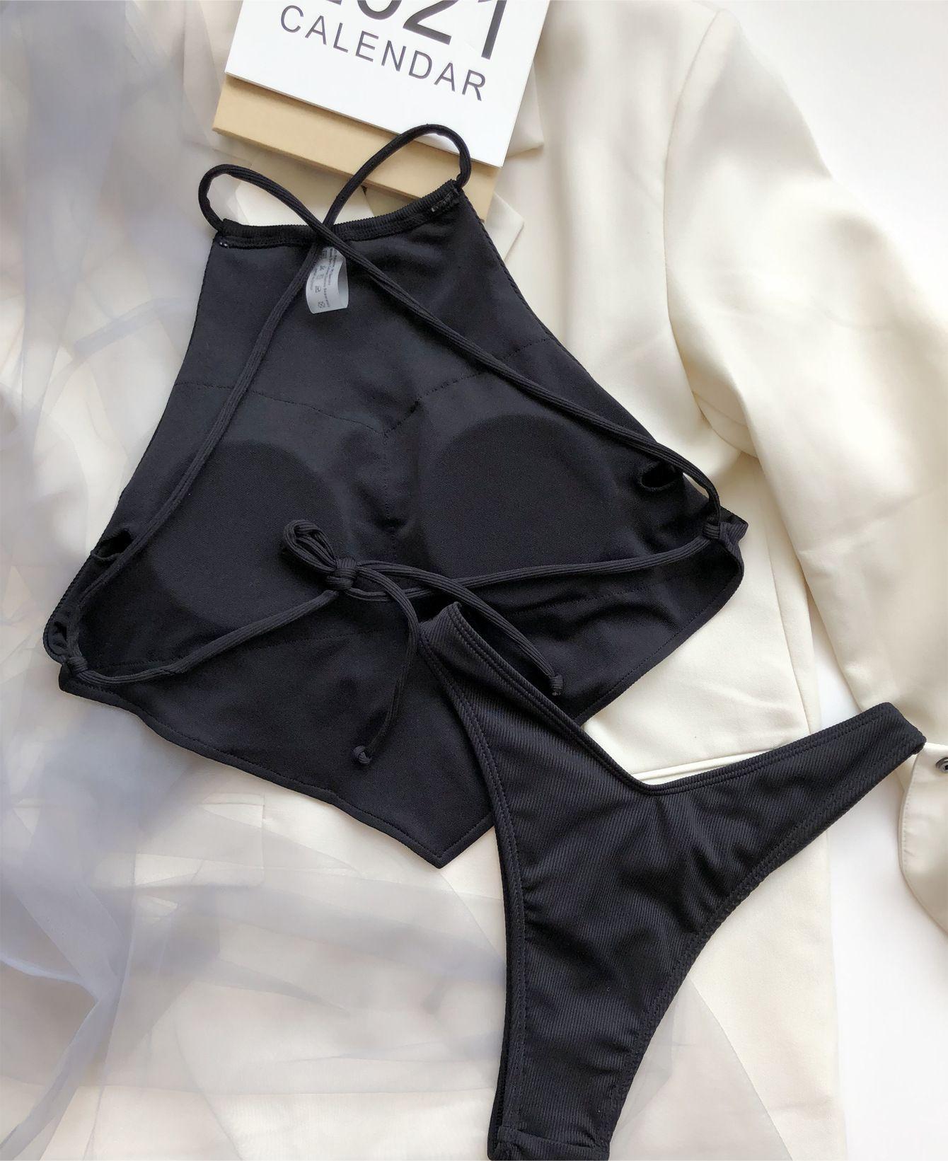 Swimwear: Bellyband Bikini Split Stripe Swimsuit