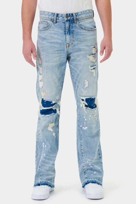 Men's: KNEE DESTROYED SLIM FLARE DENIM