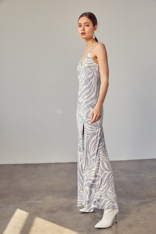 Dresses: FRONT SLIT ZEBRA SLIP MAXI DRESS