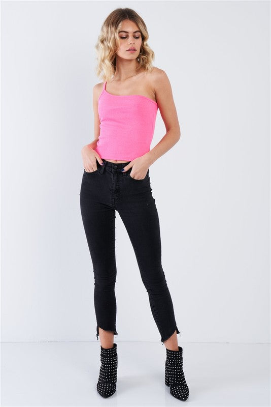 Tops: Neon Pink One Shoulder Rib Knit Top