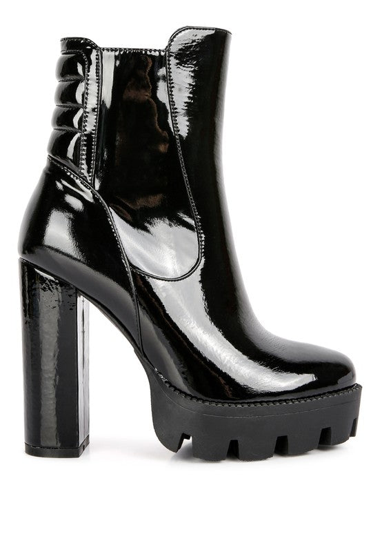 C. High Key Collared Patent High Heeled Ankle Boot
