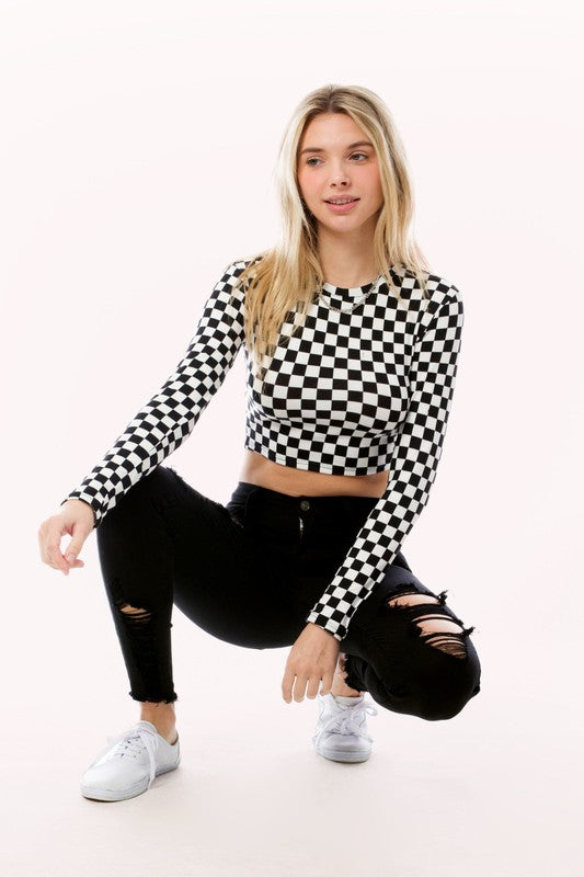 Tops: CheqMate Fashion Checkered Long Sleeve Crew Neck Crop Top