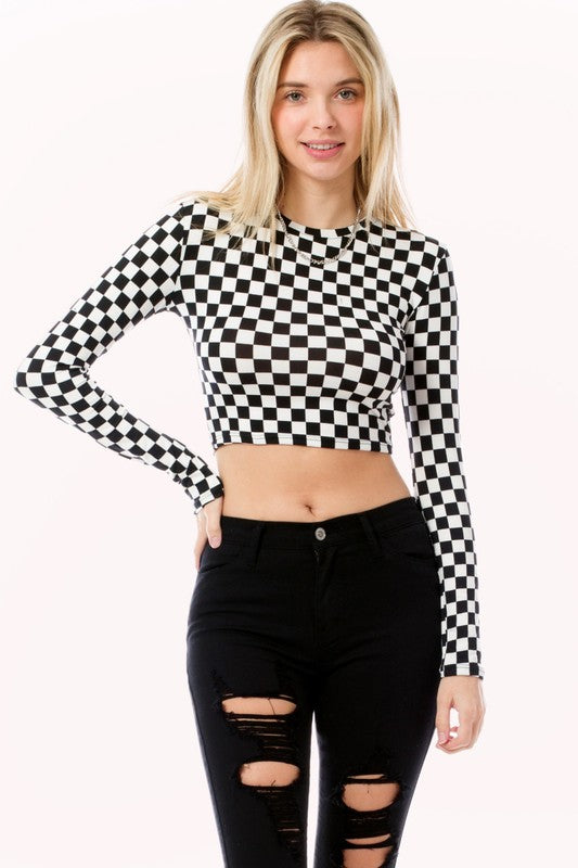Tops: CheqMate Fashion Checkered Long Sleeve Crew Neck Crop Top