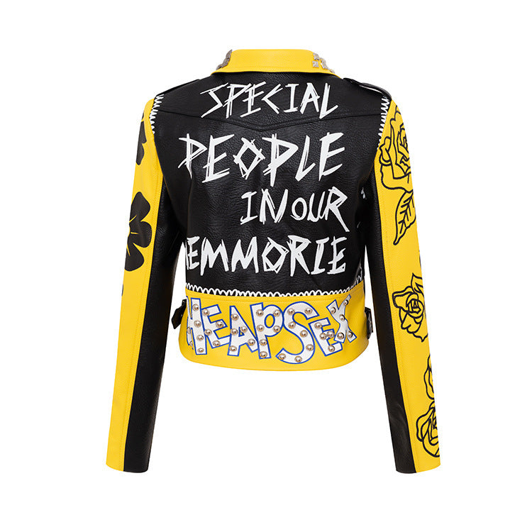 Jacket: Collared Graffiti Motorcycle Faux Leather