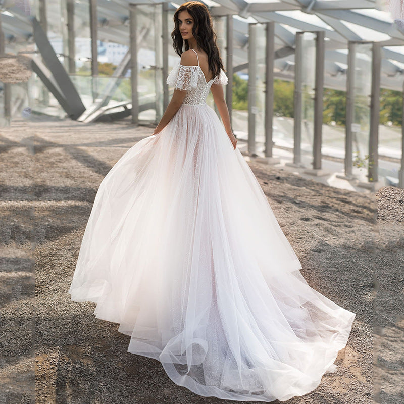 Wedding Dress Slim Fit Slim Double Shoulder Floor Length Lace Floral off Shoulder Women