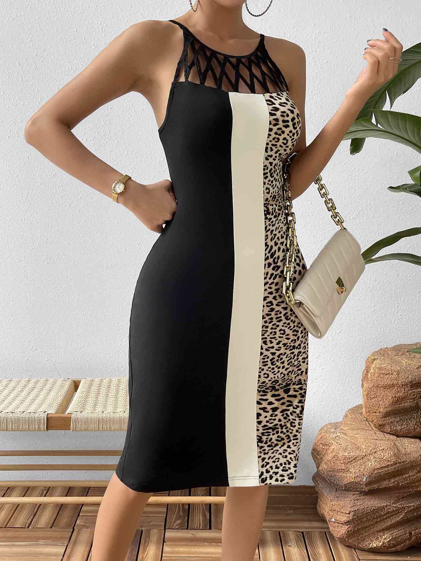 Dress: Leopard Color Block Cutout Sleeveless Knee-Length Dress