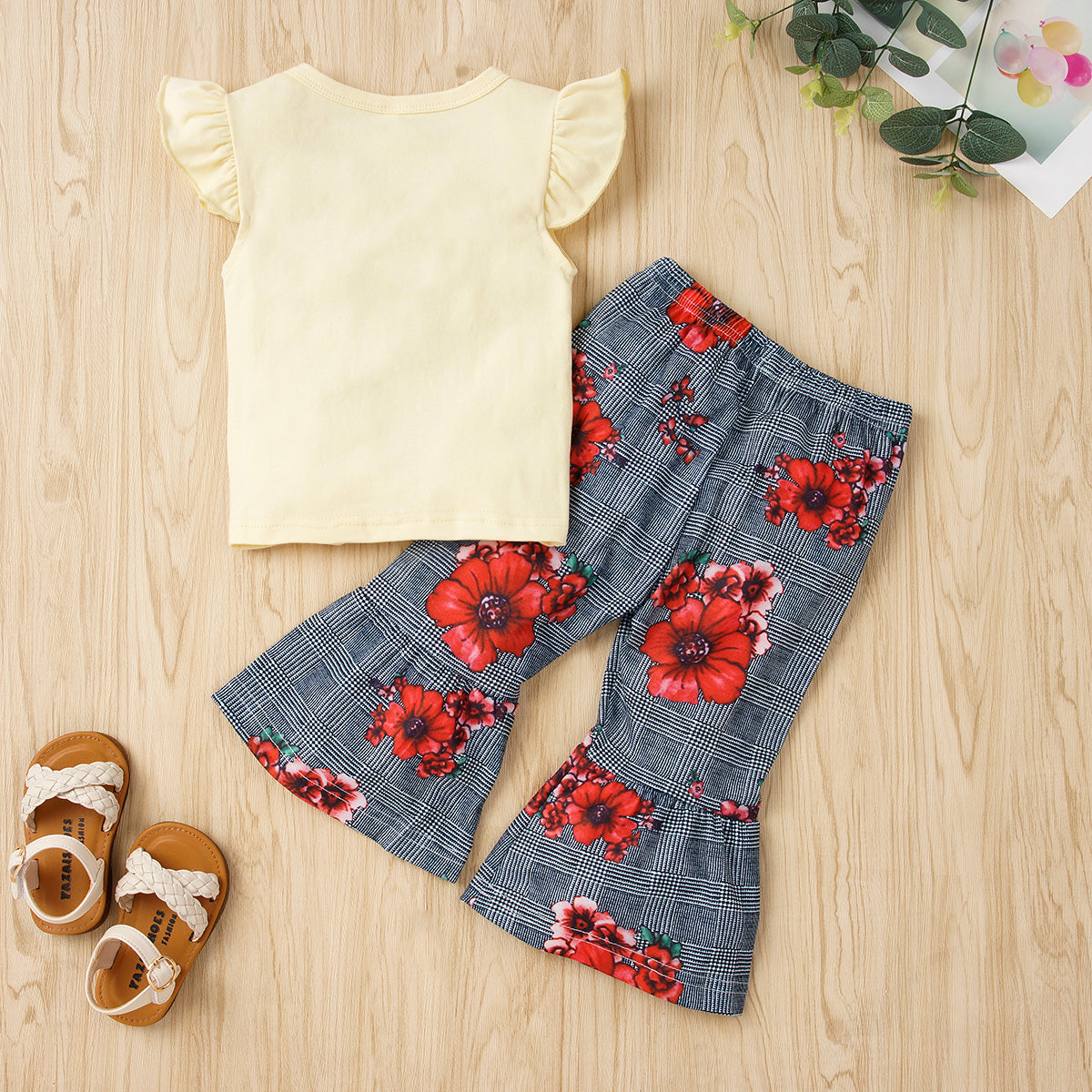 Kids: Graphic Tie Hem Top and Floral Flare Pants Set
