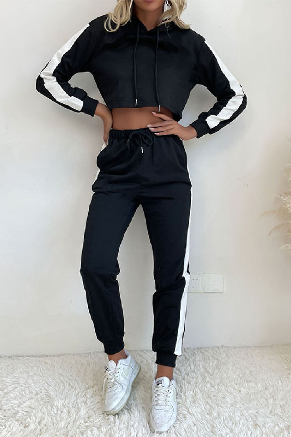 Menswear: Side Stripe Cropped Hoodie and Jogger Set