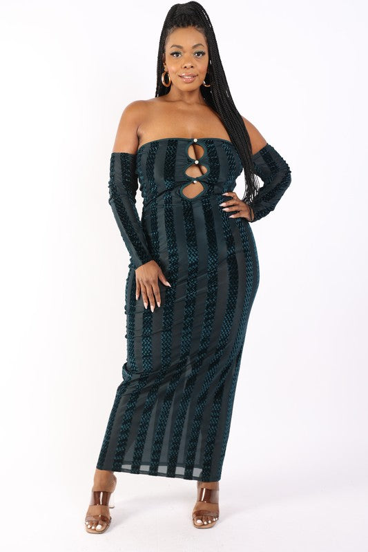 Dress: Striped velvet off shoulder dress