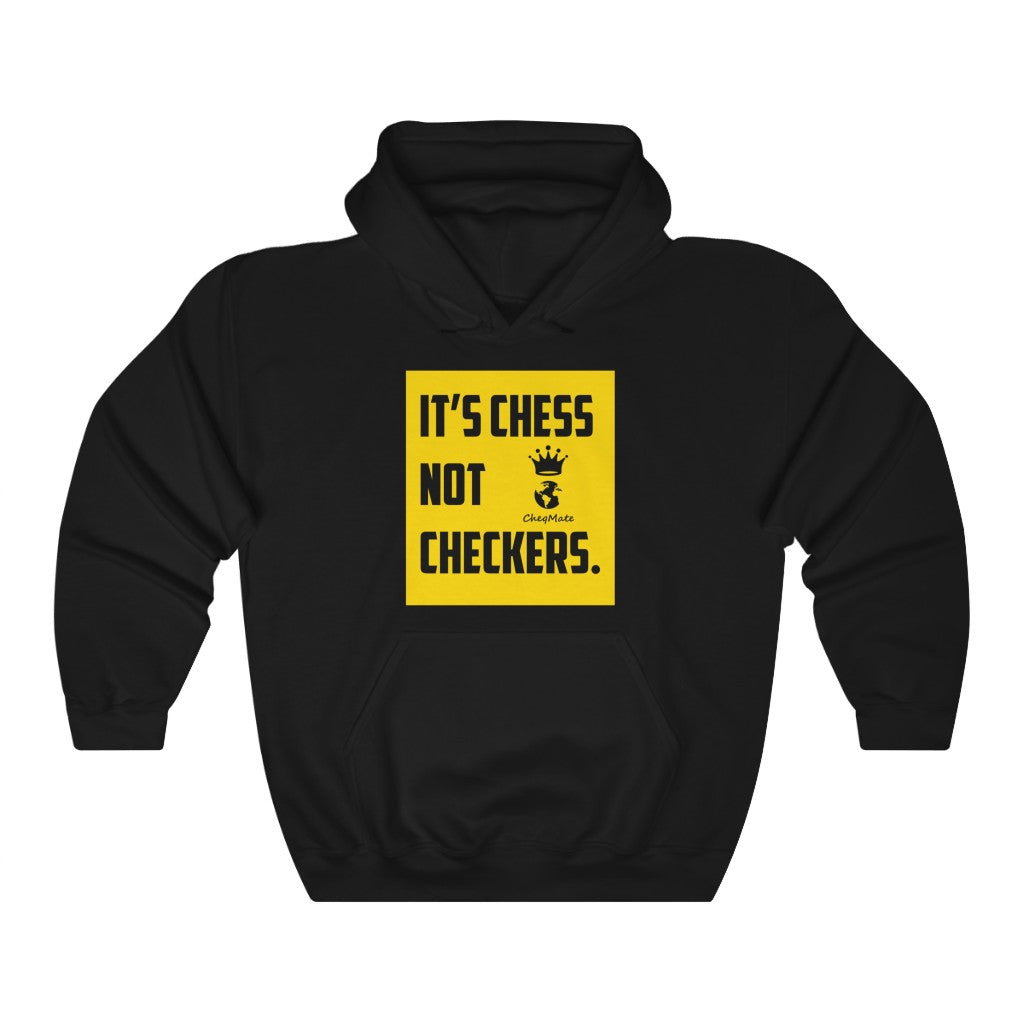 CheqMate: Custom Logo on back IT'S CHESS NOT CHECKERS. Unisex Heavy Blend- Black and Yellow Hoodie.