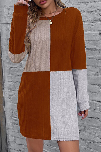 Dress: Textured Color Block Round Neck Dress