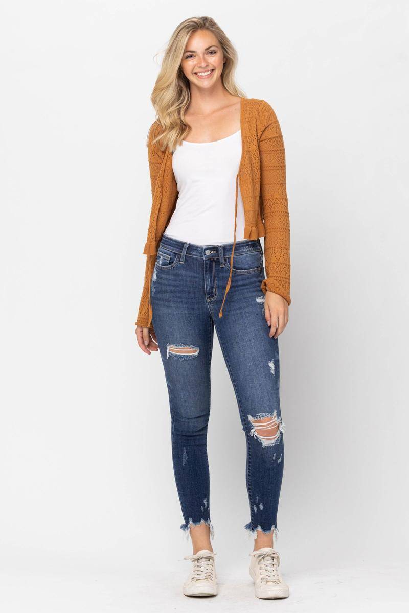 Jeans: Judy Blue Mid-Rise Raw Hem Destroyed Skinny Jeans