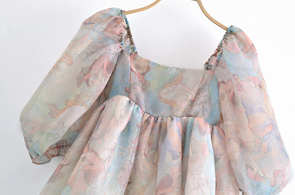 Dresses: Square Collar Puff Sleeve Princess Dress Summer Organza Dress
