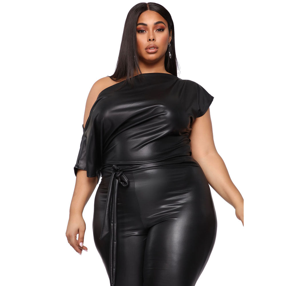 Plus Size Jumpsuit:Women Clothing Stretch Leather Slant Shoulder Lace-up Jumpsuit