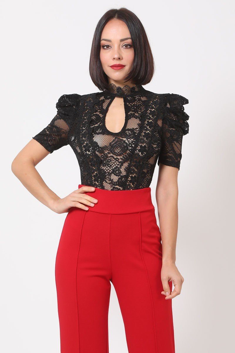 Tops: Lace Bodysuit W/front Key Hole Opening Details