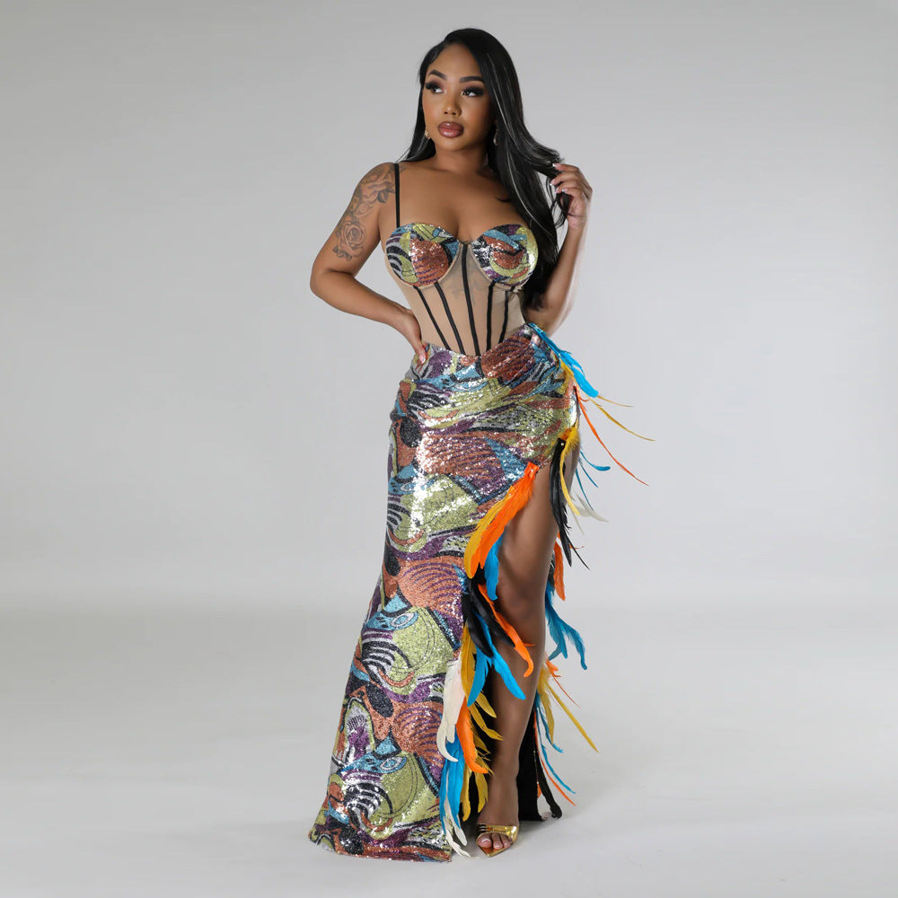 Dress: Sling Velvet Sequin High Slit Feather Dress