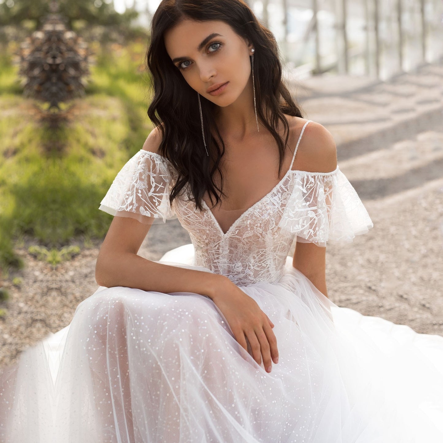 Wedding Dress Slim Fit Slim Double Shoulder Floor Length Lace Floral off Shoulder Women