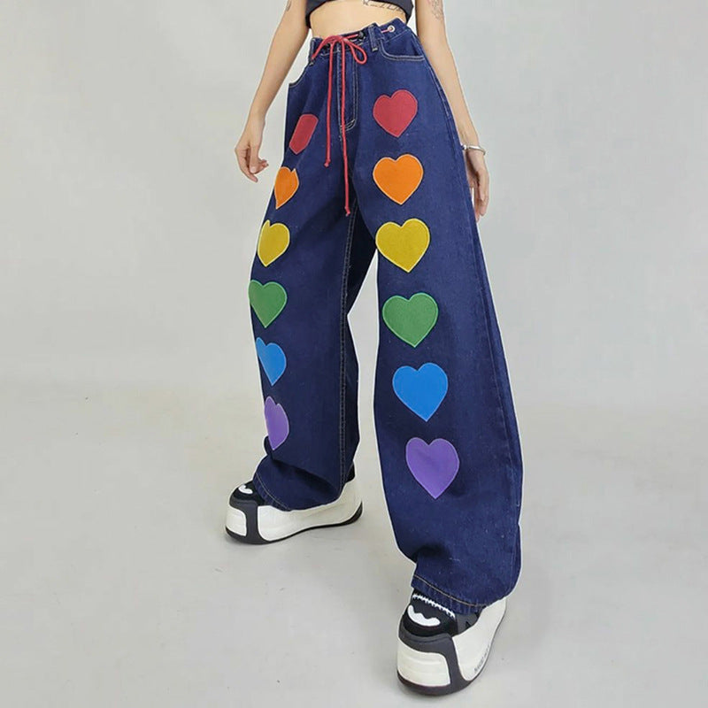Jeans. Rainbow Color Love Element Waist Tight Jeans