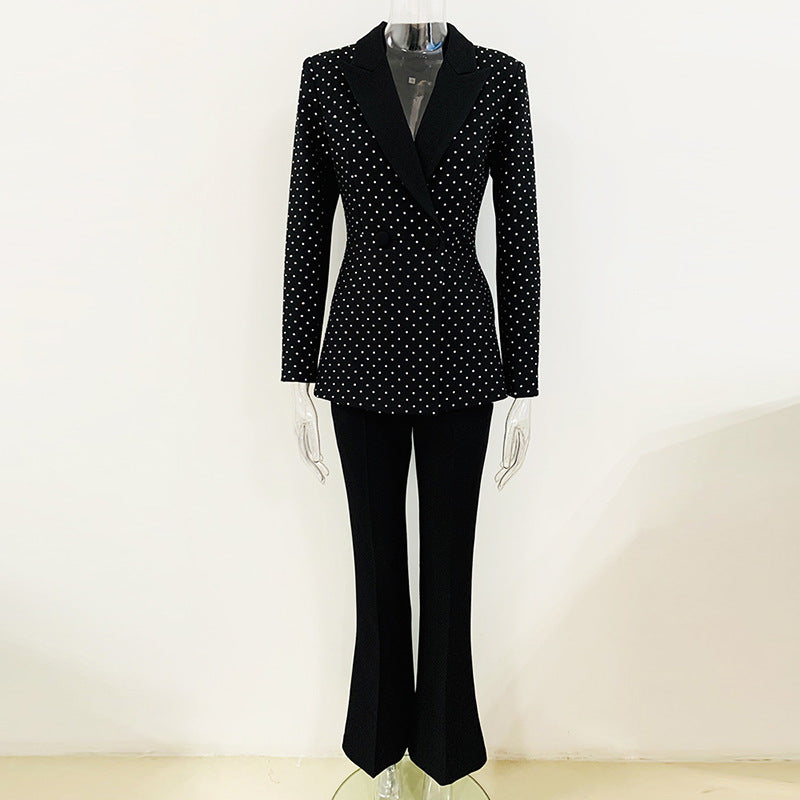Suits: Rhinestone Blazer Bootcut Pants Suit Two Piece Set