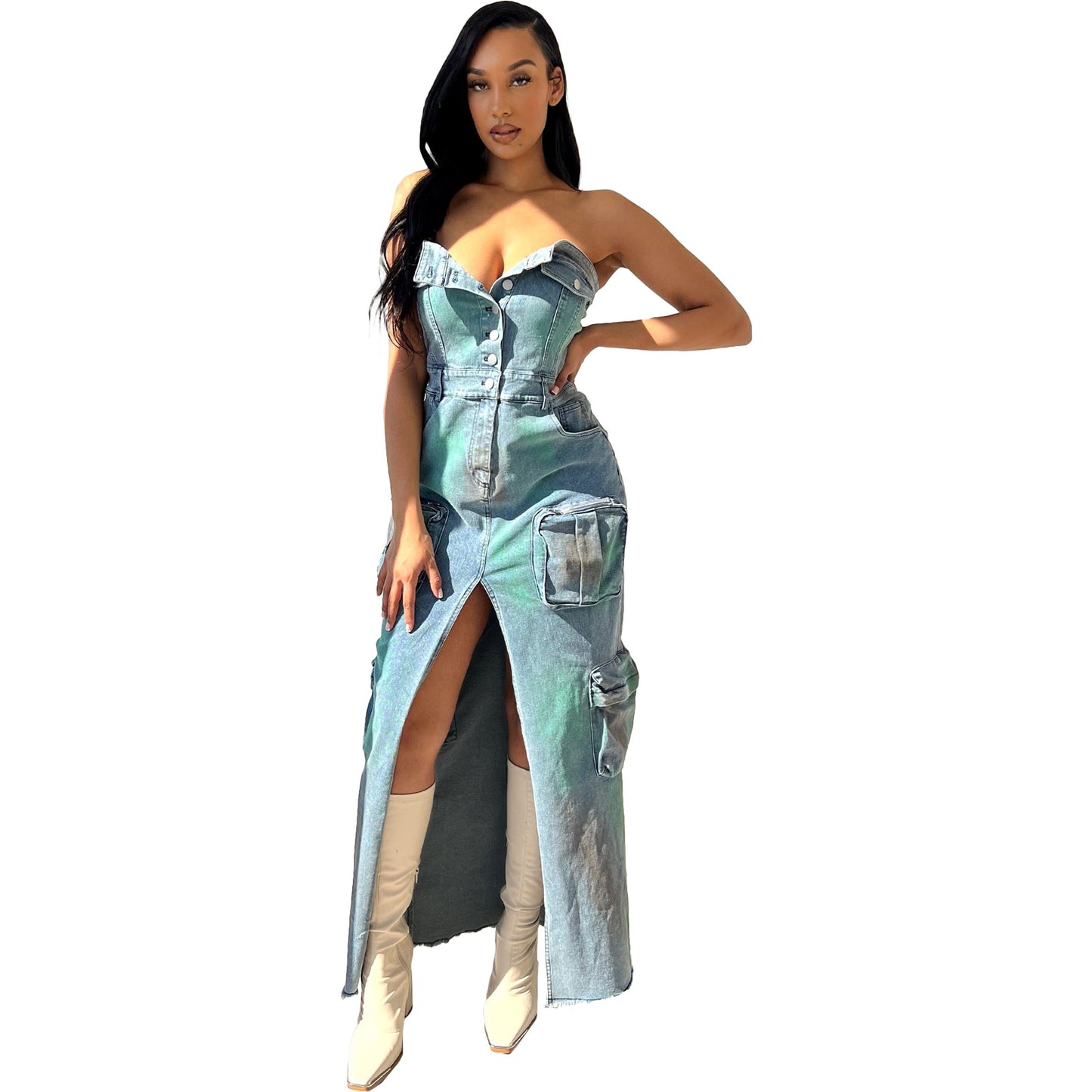 Dress: Denim 3D Pocket Sexy Bandeau One Shoulder Tie Dye Split Tooling Bag Dress