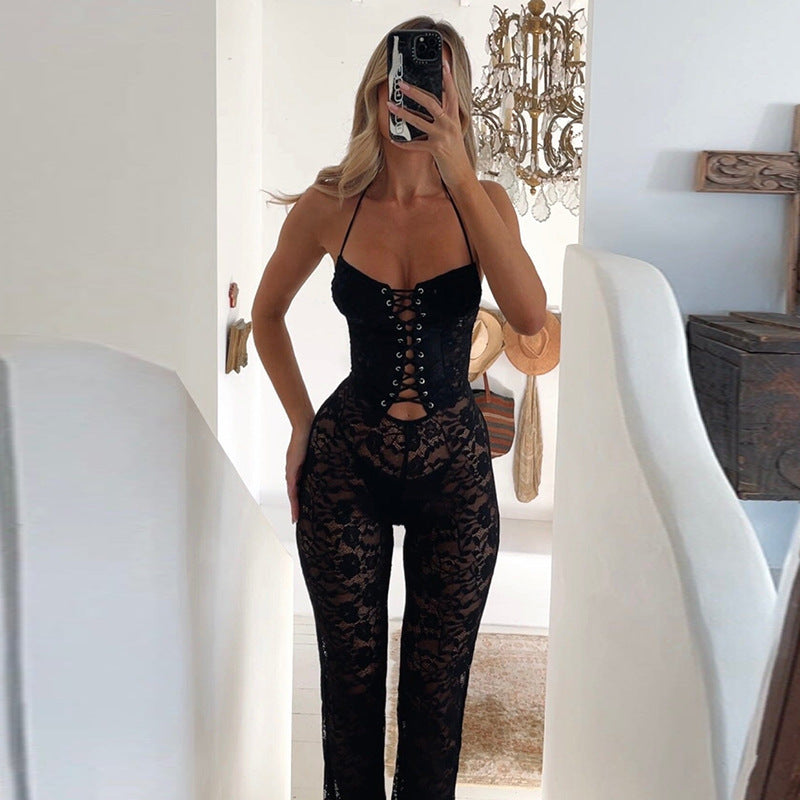 Jumpsuit: Lace Printed See through Trousers for Women