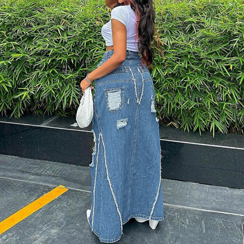 Skirts: Streetwear Raw Hem Ripped Stitching Metal Buckle High Waist Slit Denim Skirt Long Skirt