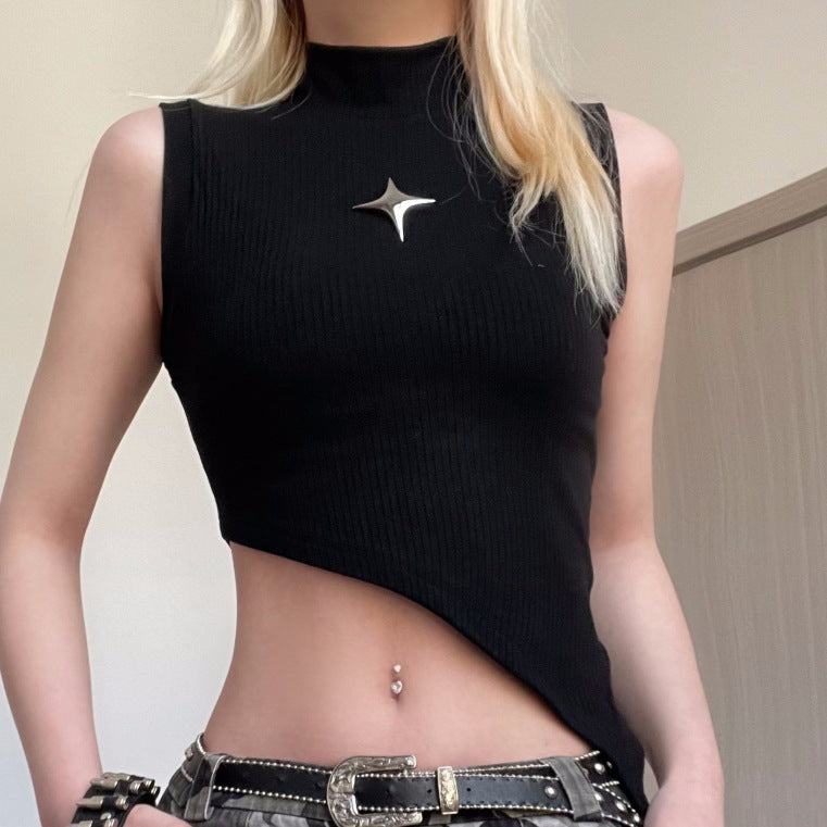 Tops: Metal Five Pointed Star Decorative Stitching Half Turtleneck Sleeveless Beveled Bare Cropped Slim Fit