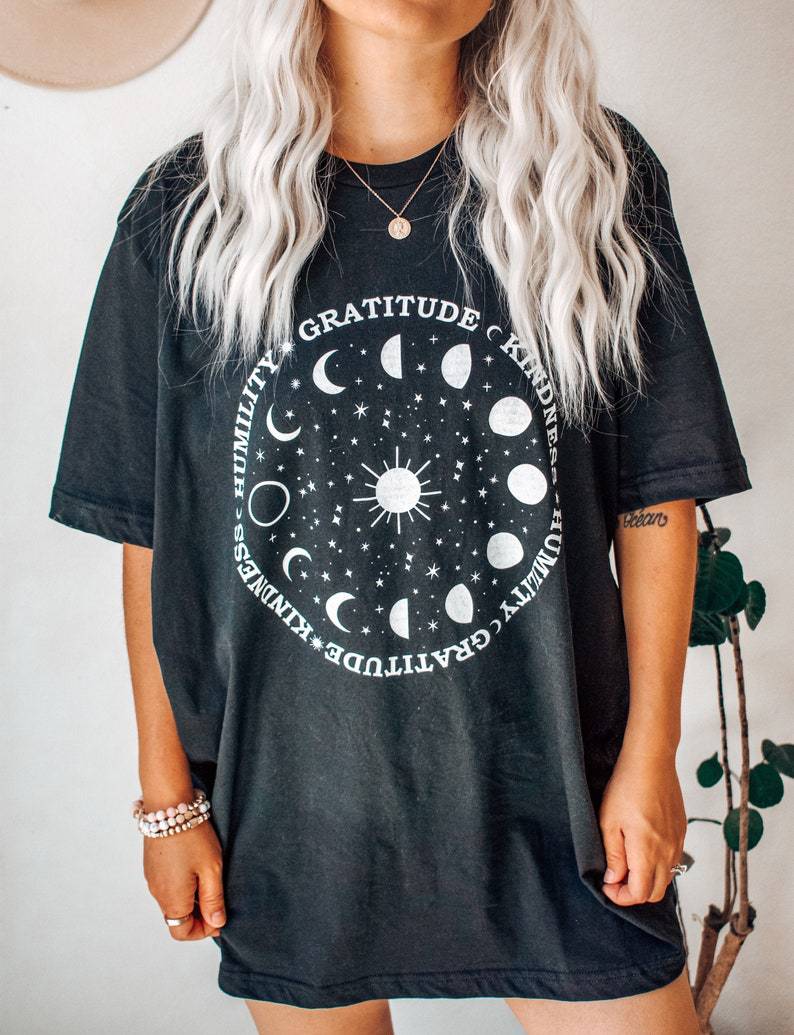 Tops: Oversize Star Moon Printed Short Sleeve Loose Design round Neck T shirt