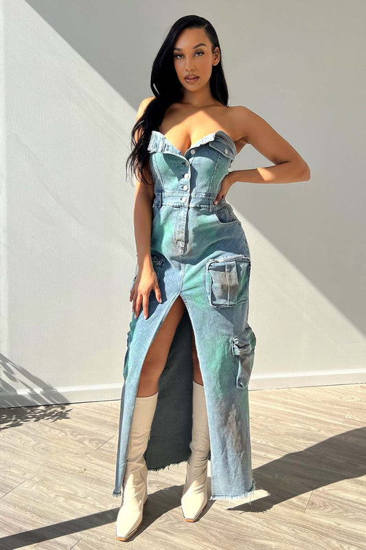 Dress: Denim 3D Pocket Sexy Bandeau One Shoulder Tie Dye Split Tooling Bag Dress