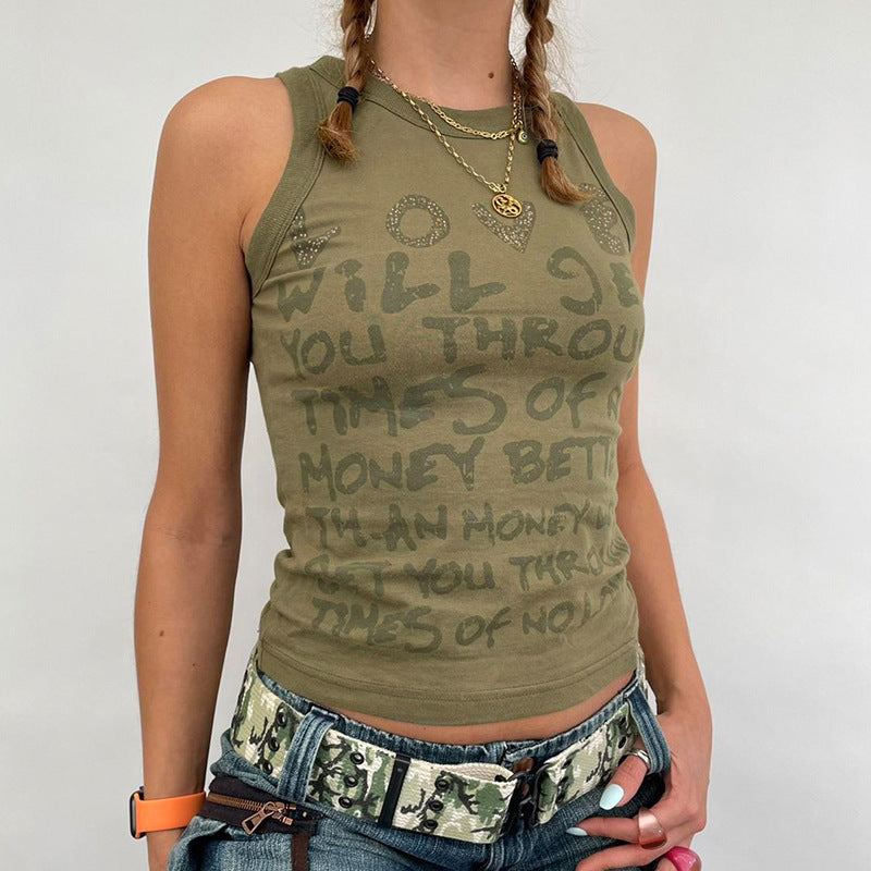 Tops: Army Green Letter Graphic Printed Top