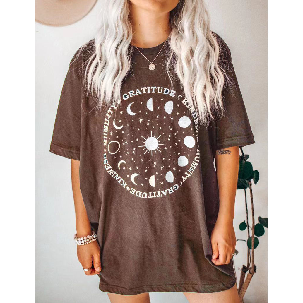 Tops: Oversize Star Moon Printed Short Sleeve Loose Design round Neck T shirt