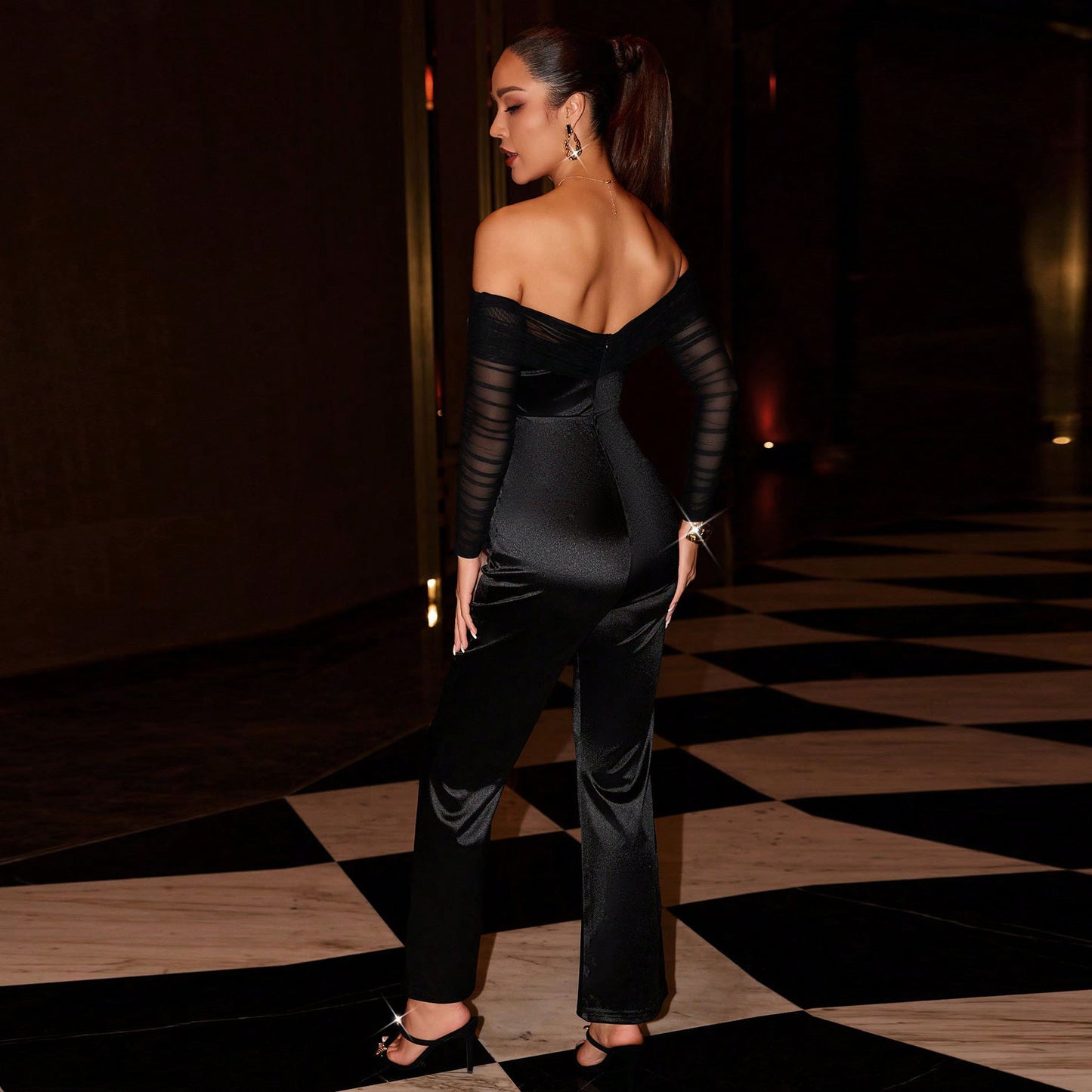 Middle East Long Sleeve Backless Tube Top off Neck Mesh See through Jumpsuit Trousers Jumpsuit