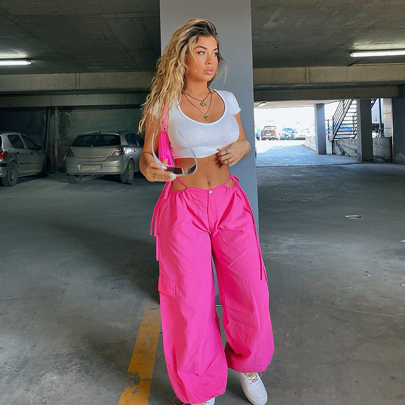 High Waist Hollow Out Cutout Drawstring Solid Color Ankle Banded Working Pants Summer Retro Easy Matching Solid Color Straight Leg Pants