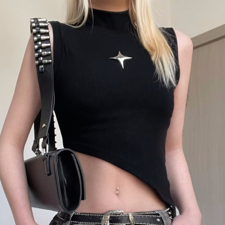 Tops: Metal Five Pointed Star Decorative Stitching Half Turtleneck Sleeveless Beveled Bare Cropped Slim Fit