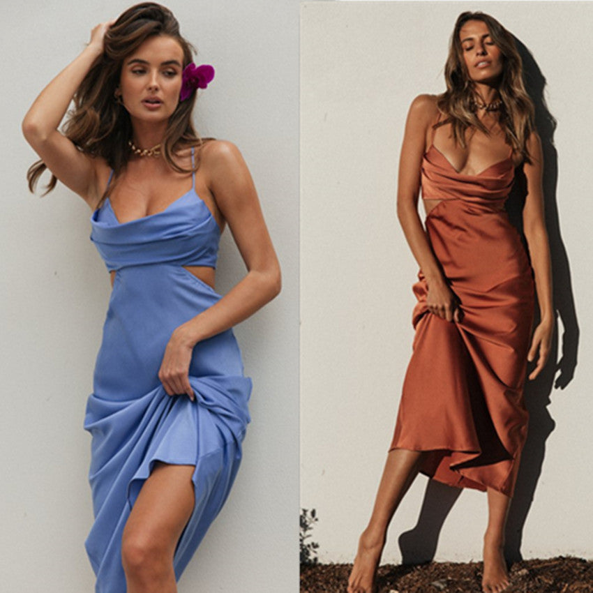 Dress: Women Clothing Elegant Sexy Sling Solid Color Maxi Dress Pile Collar Backless Dress
