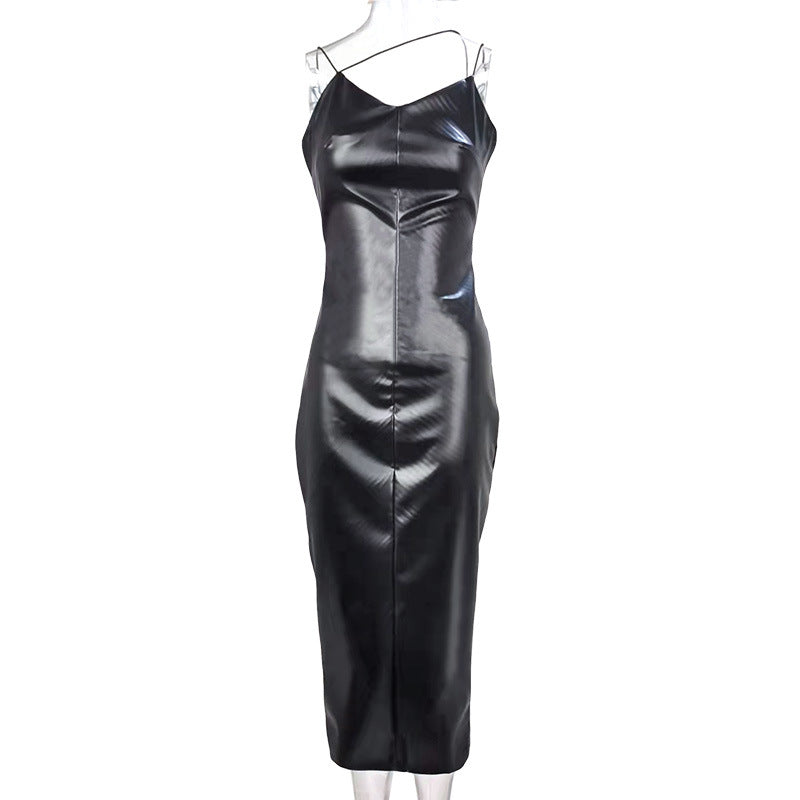 Popular Sexy Sling Waist Slimming Sheath Split Faux Leather Dress for Women Nightclub Uniforms