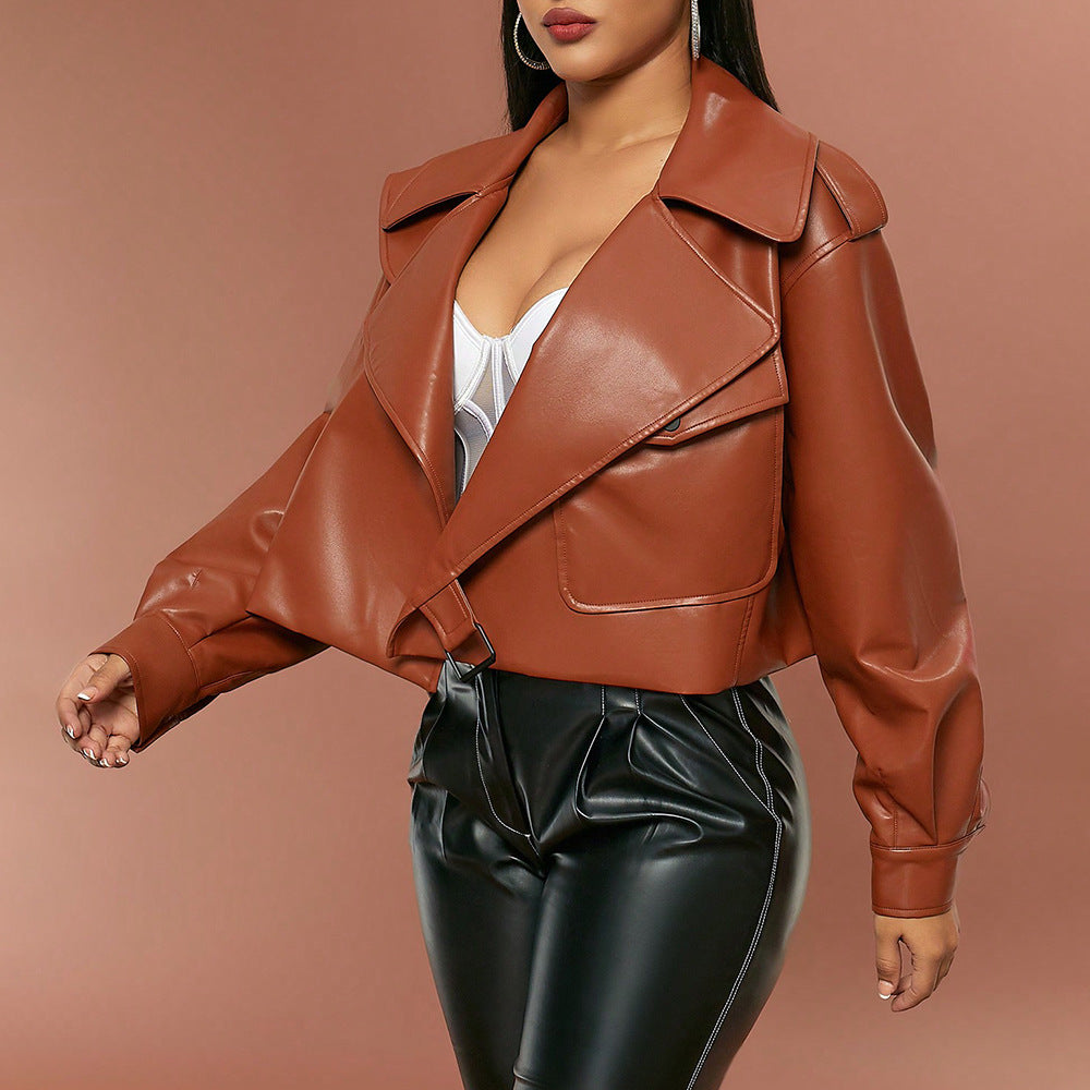 Jackets: Leather Jacket Solid Color Collared Long Sleeve