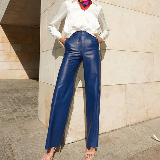 Pants: Leather Mid High Waist Hip Lifting Straight Leg Casual Pants