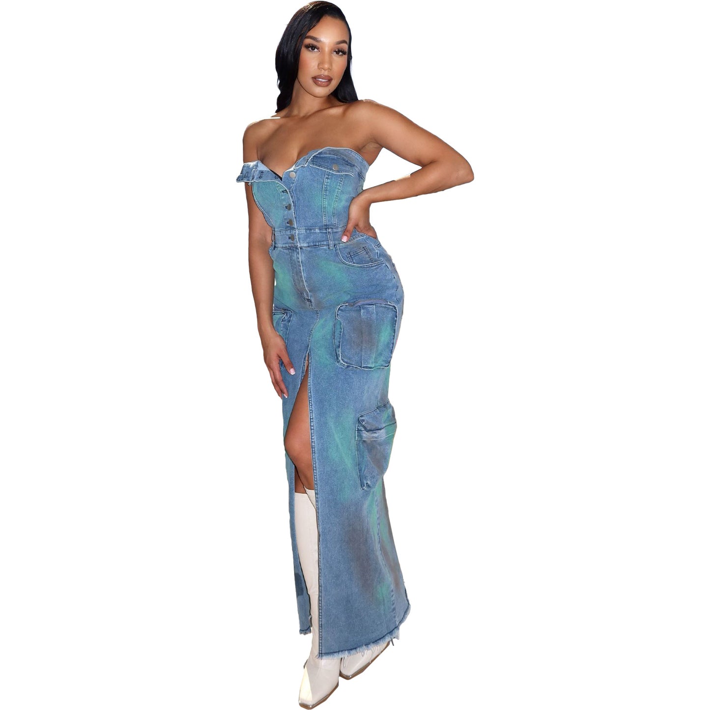 Dress: Denim 3D Pocket Sexy Bandeau One Shoulder Tie Dye Split Tooling Bag Dress