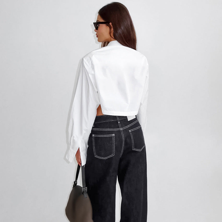 Tops: White Cropped Slim Fit Long Sleeve Shirt