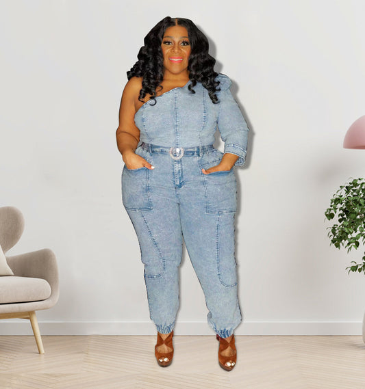 Plus Size Shoulder Single Sleeve Washing Gray Denim Fashion