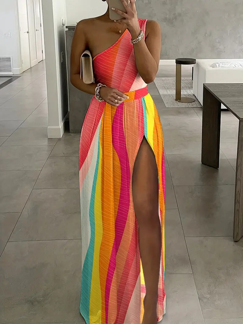 Dresses: Colorful Printed Maxi Sexy Slit Sloping Shoulder Dress