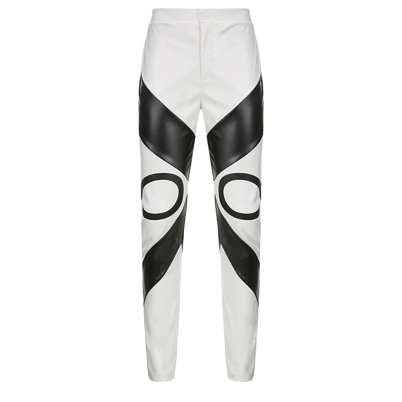 Pants: Faux Leather Black White Contrast Abstract Gothic Pant