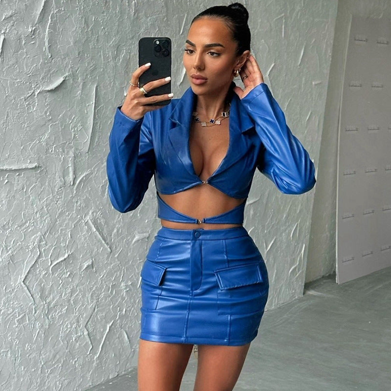 2 Piece Set: Metallic Coated Fabric Suit Long Sleeves Cropped Cardigan Top Pocket Skirt Outfit