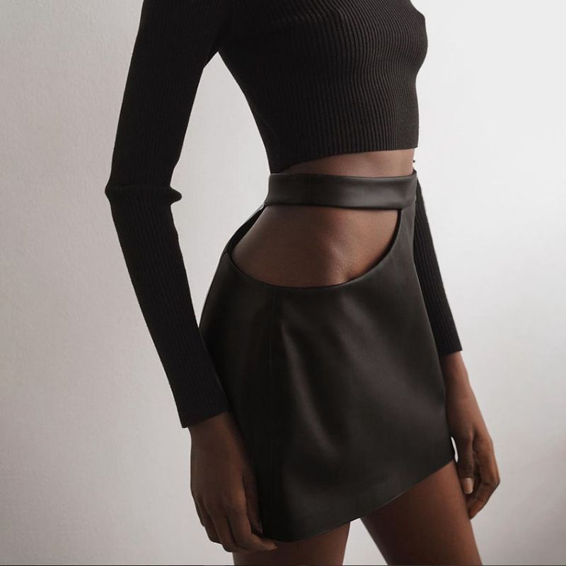Skirts: Hollowed out High Waist Leather skirt