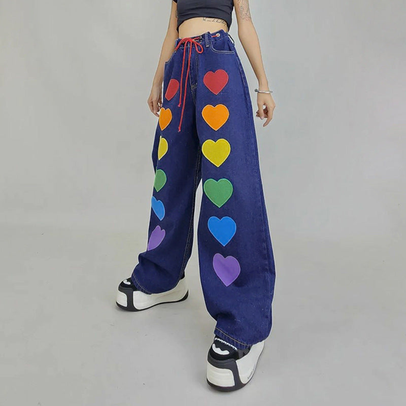 Jeans. Rainbow Color Love Element Waist Tight Jeans