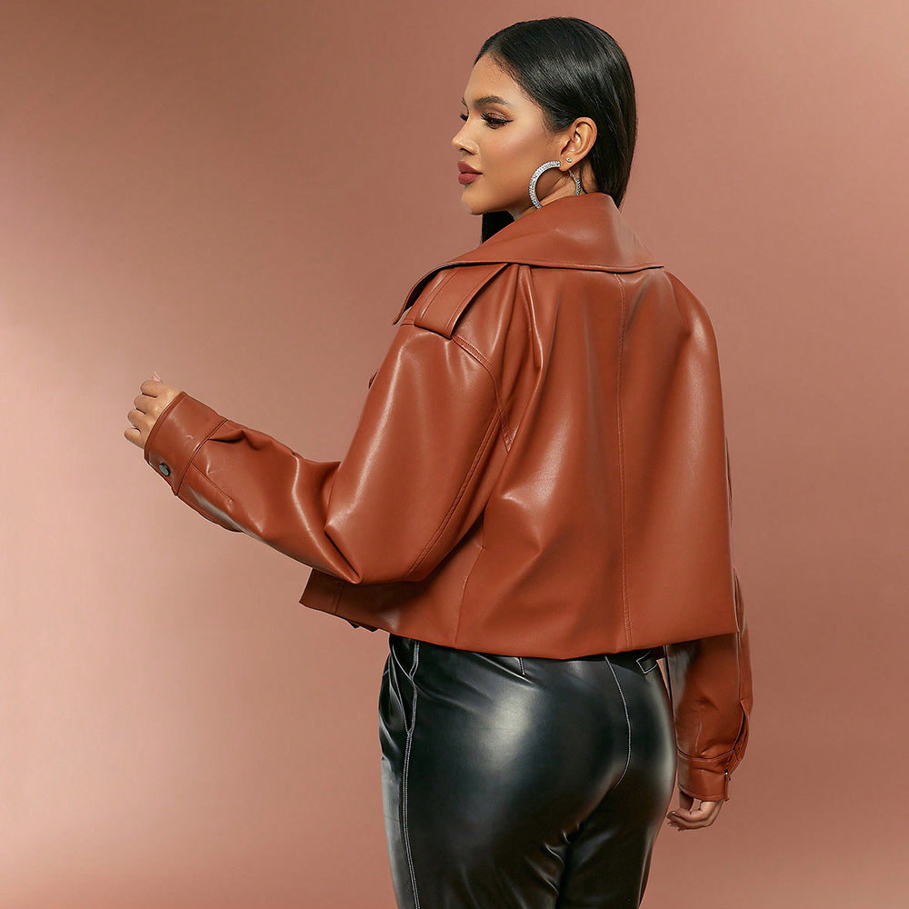 Jackets: Leather Jacket Solid Color Collared Long Sleeve